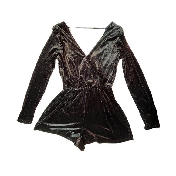 Wild Fable Romper Black Metallic Stripes Long Sleeve V-neck Velvet Sexy Witchy M - Picture 2 of 16